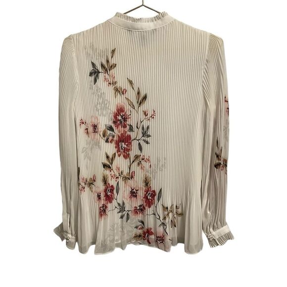 White House Black Market Floral Pleated High Collar Blouse Size 2 - Picture 6 of 8